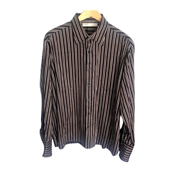 PERRY ELLIS-Brown Stripes 100% Cotton button front Mens Dress Shirt Size X-LARGE - Picture 1 of 6